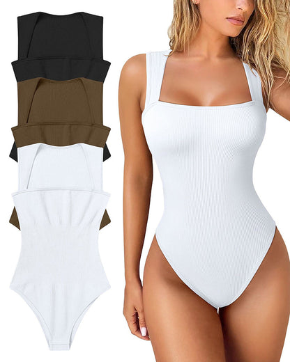 Bodysuits for kvinner Sexy Ribbete Strappy Firkantet Hals Ermeløs Magekontroll Tank Topper Bodysuits