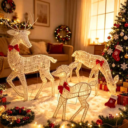 🎄🦌LED-Weihnachtsrentier-Set mit Schleife – dekorative Rentierfamilie für drinnen und draußen
