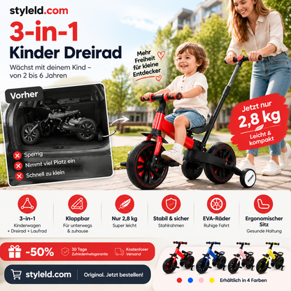 💥 50% Rabatt! 🚲 3-in-1-Kinderdreirad – Kinderwagen, Dreirad & Laufrad. Leicht (2,8 kg) & faltbar. Hochfester Kohlenstoffstahl, EVA-Räder. Für 2–6 Jahre, max. 90 kg. Rot/Blau/Rosa/Gelb 🛡️