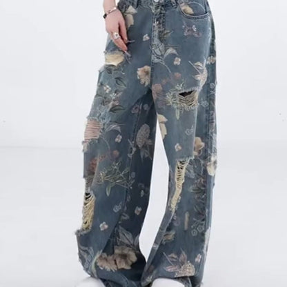 Damen lockere zerrissene Jeans mit weitem Bein