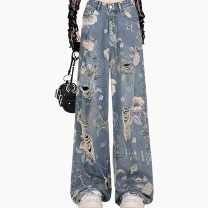 Damen lockere zerrissene Jeans mit weitem Bein