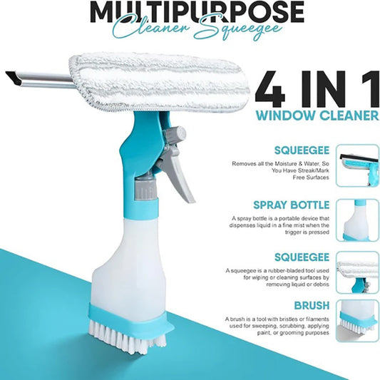 🌟🧽 4-in-1 Glasreiniger – Kombiniert Wischer, Schaber, Bürste und Sprühflasche 💦🪟✨🧼