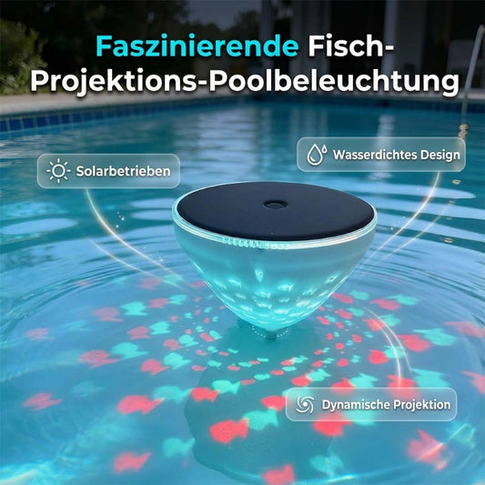 Solarbetriebene Schwimmbadleuchte mit Fischprojektion